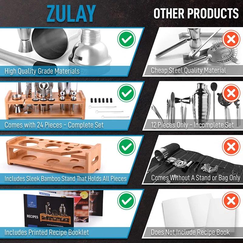 Zulay Kitchen Zulay Kitchen 24 Piece Stainless Steel Professional Bartender Set with Accessories with Bamboo Stand