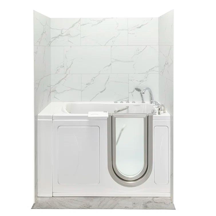 Ella Walk In Baths Ella Royal 32"x52" Acrylic Air and Hydro Massage Walk-In Bathtub with Right Inward Swing Door, 5 Piece Fast Fill Faucet, 2" Dual Drain, Carrara Wall Surround 931185PCWS