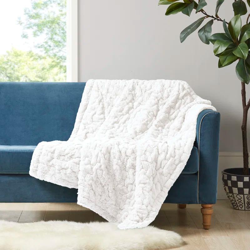 Madison Park Ivory Ruched Fur Throw 50x60"