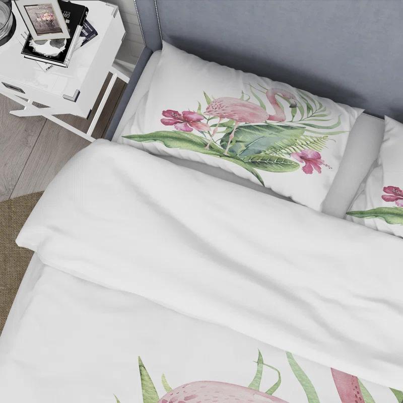 Design Art Flamingo With Exotic Foliage and Pink Flowers - Traditional Duvet Cover Set - Microfiber Polyester