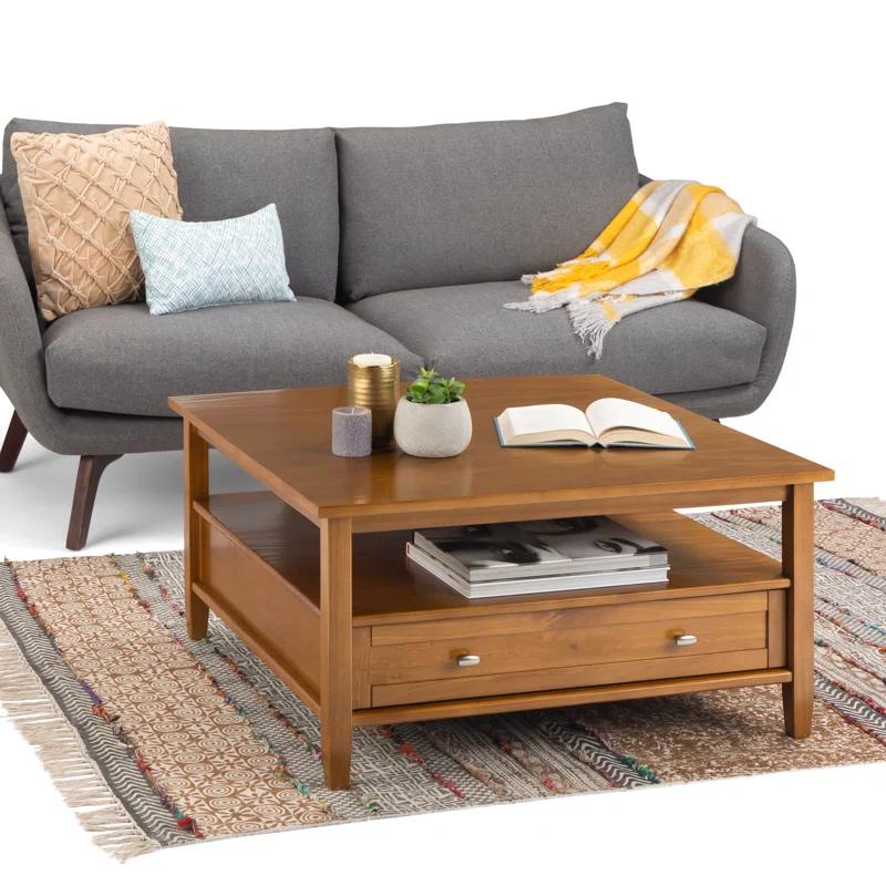 Simpli Home Warm Shaker 36"W Solid Wood Square Coffee Table with Two Drawers and Open Shelf