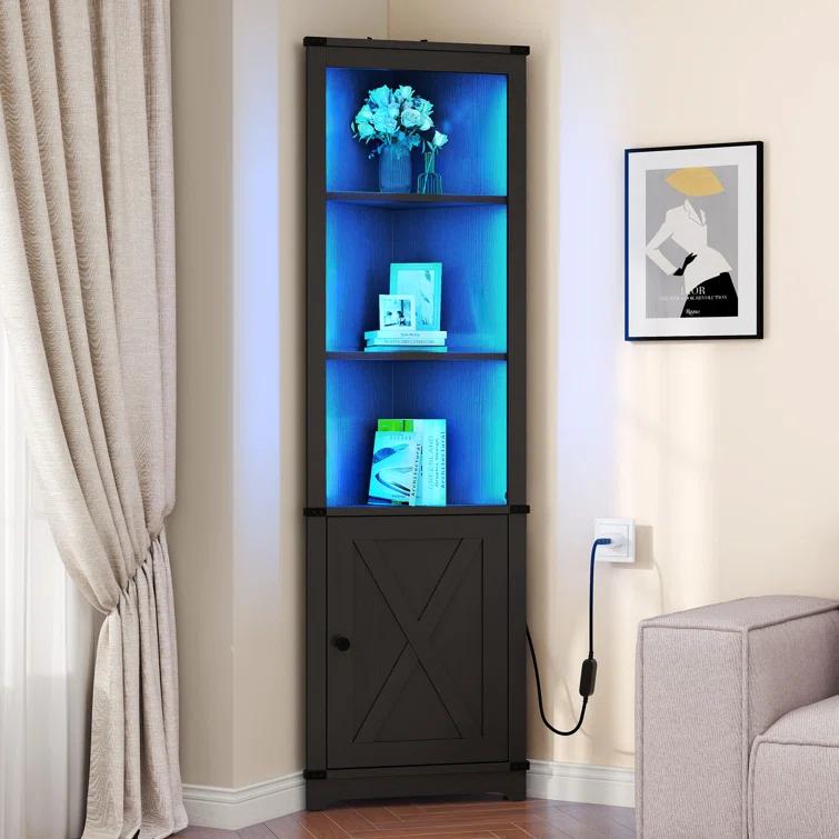 Gracie Oaks Aspenn 67" H Corner Bookcase with LED Light, Corner Storage Cabinet with Adjustable Shelf