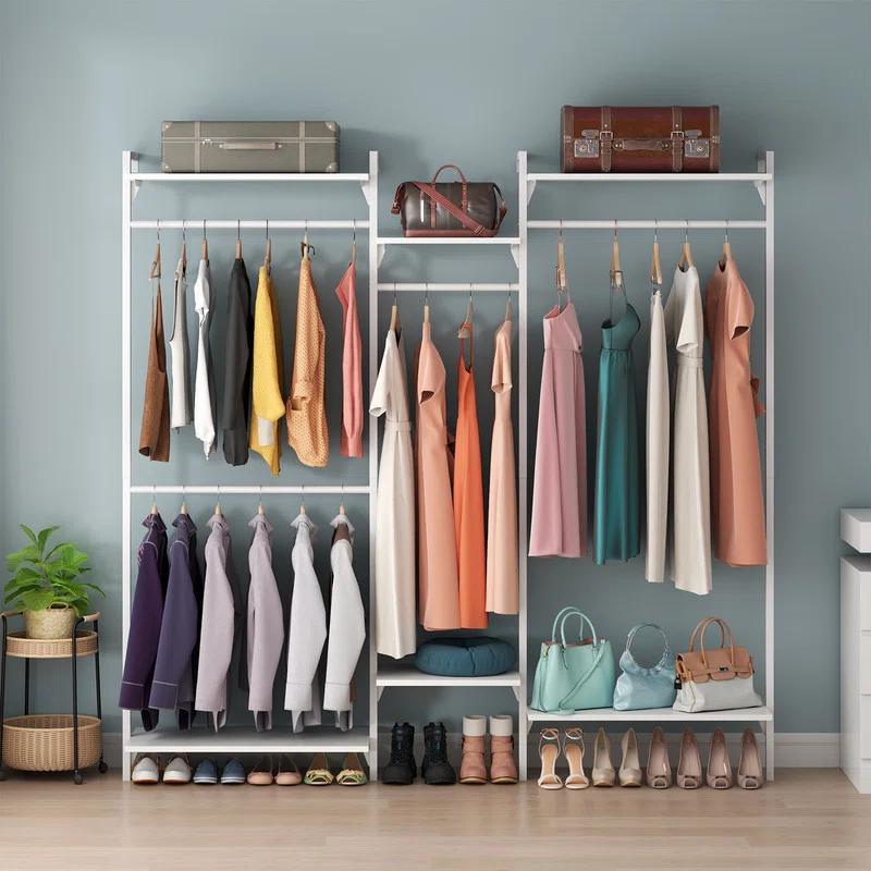 Rebrilliant Oloran Gold Wall Mount Clothes Rack with 4 Hanging Rods, Clothing Rack with 6-Tier Adjustable Shelves