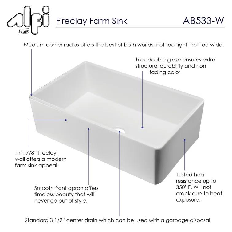 Alfi Brand 34.8'' L Farmhouse / Apron Single Bowl Fireclay Kitchen Sink AB533-W