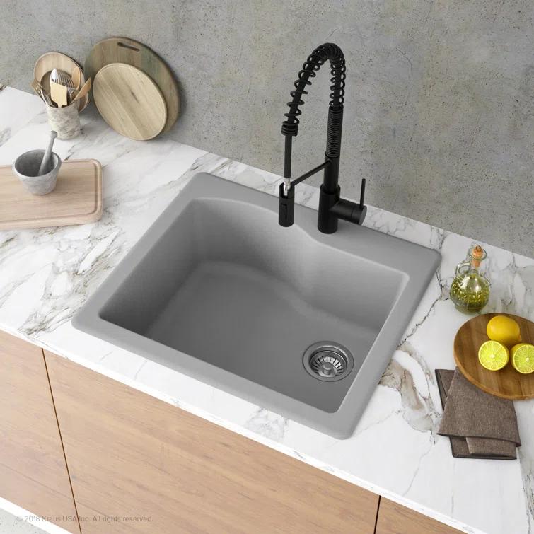 Kraus KRAUS Quarza™ 25" L Dual Mount Single Bowl Granite Kitchen Sink and Strainer KGD-441GREY-PST1-GR