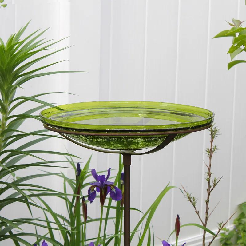 Winston Porter Crackle Glass Birdbath Bowl with Stake, 14-in