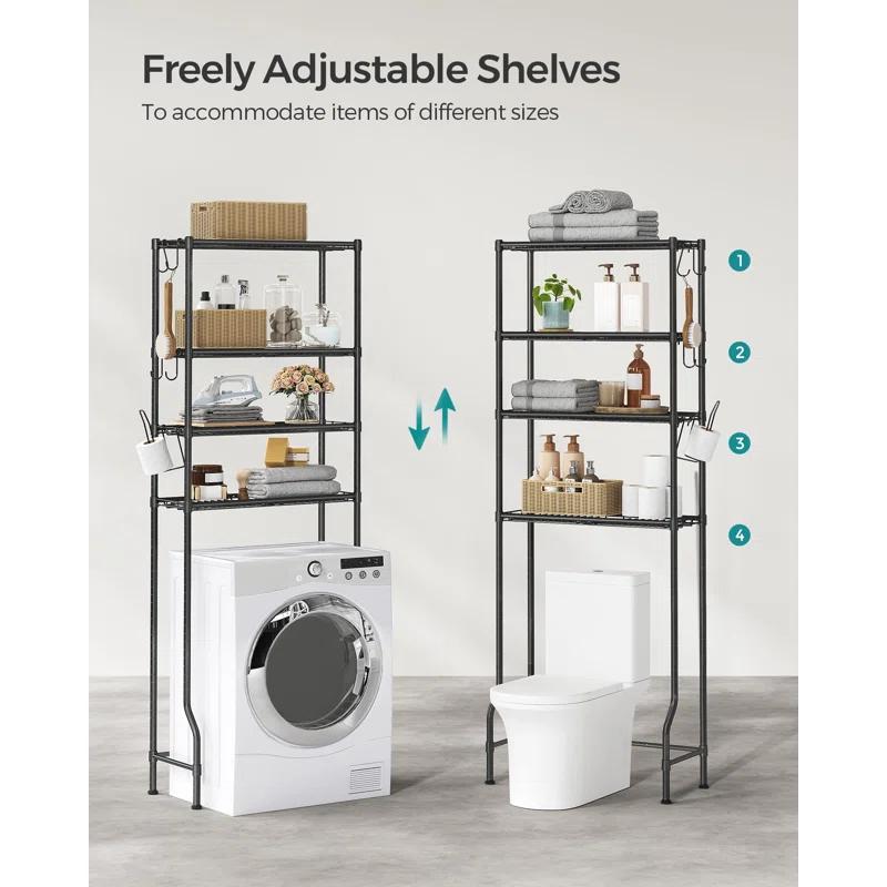 SONGMICS 4 Tier Over The Toilet Storage, Metal Storage Rack, Adjustable Shelves, 4 Hooks, Roll Holder, Space-Saving Bathroom Storage Shelf Organizer, 11.8 x 24.8 x 69.3 Inches, Black UBTS013B01