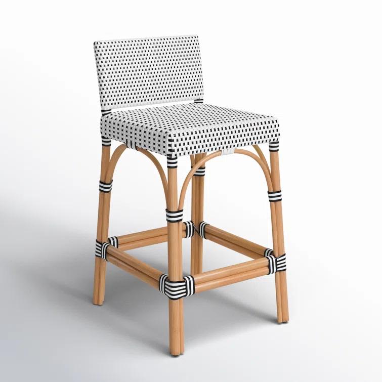 White and Navy Dot Rattan Low Back Counter Stool