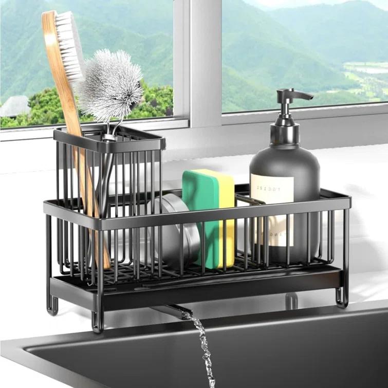 WKING Stainless Steel Kitchen Sink Caddy Organizer With Draining Tray, Rustproof Sponge Holder For Sink, Adjustable Compartments, Space-Saving Design