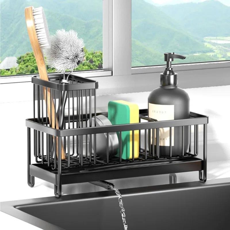 WKING Stainless Steel Kitchen Sink Caddy Organizer With Draining Tray, Rustproof Sponge Holder For Sink, Adjustable Compartments, Space-Saving Design