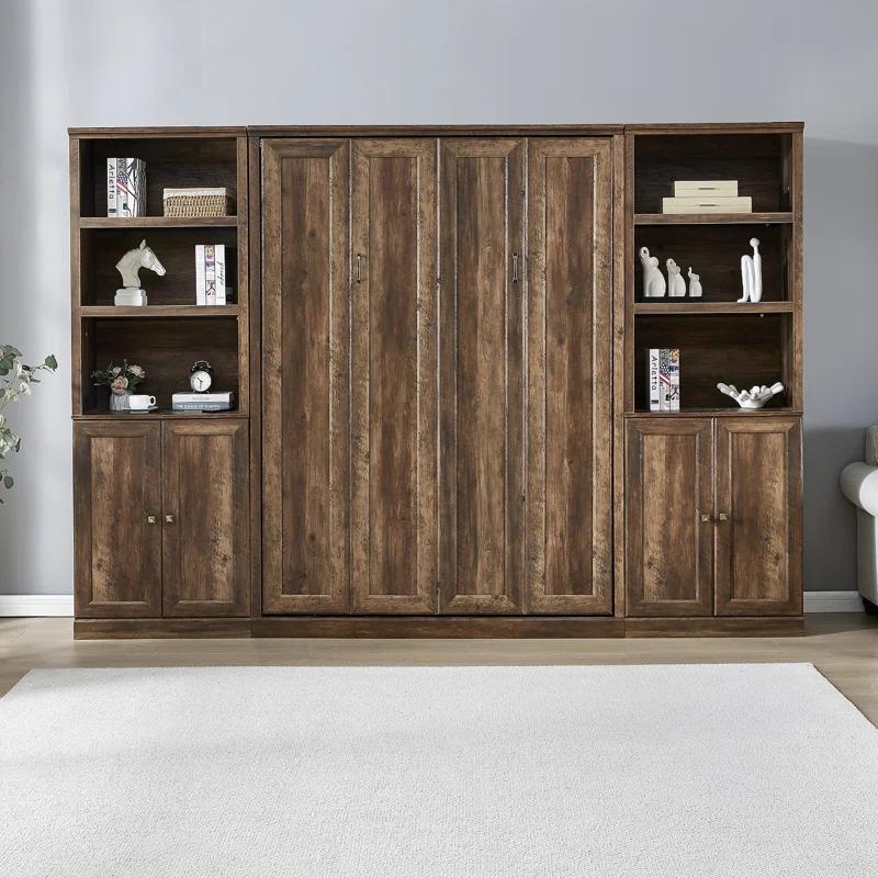 LOONGFIELD Full Size Half Self-Close And Open Murphy Bed With 2 Side Cabinet Storage Shelf, Cabinet Space-Saving Bed Perfect For Guest Room, Bed Room, Guest Room, Home Office