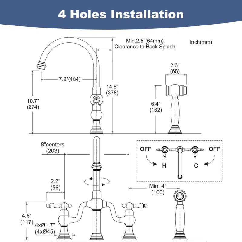 ARCORA AR7105700RB ARCORA Double-Handle High-Arc Widespread Deck Mounted Bridge Kitchen Faucet With Side Spray