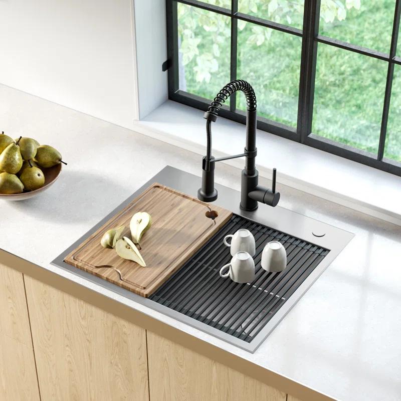 Kraus KWT311-25 KRAUS Kore™ Workstation 25-inch L Drop-In 16 Gauge Single Bowl Stainless Steel Kitchen Sink with Accessories