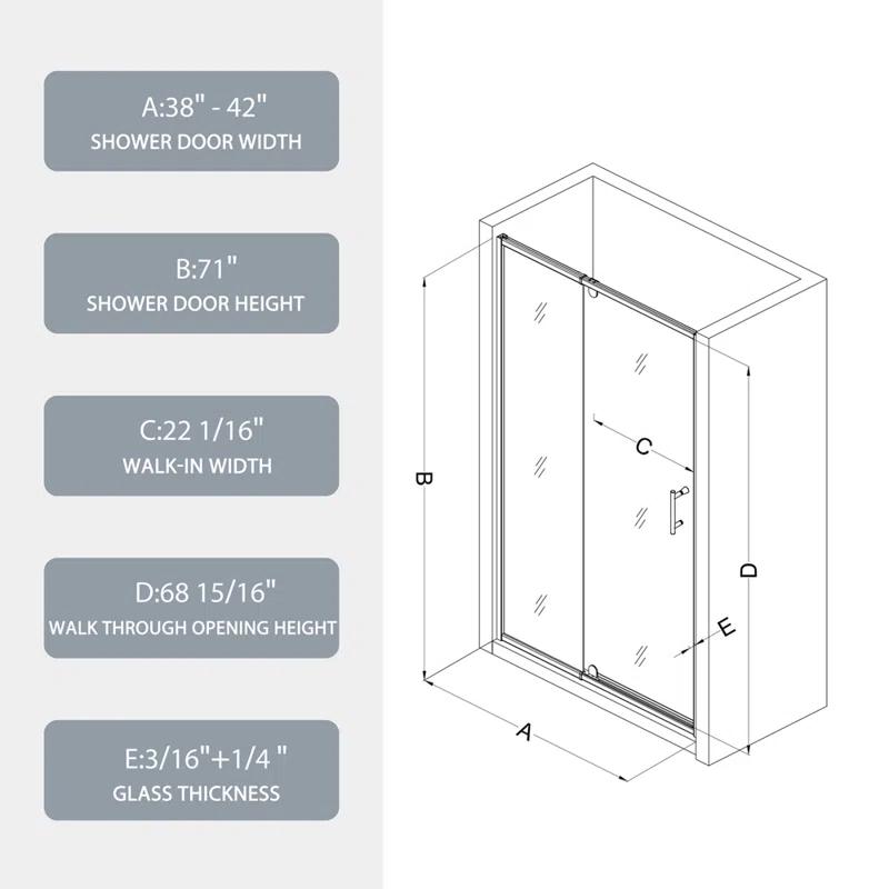 Arch Glass Designs 11DD131873LTS 38-42" W x 71" H Flush Glass Shower Door Reversible Installation