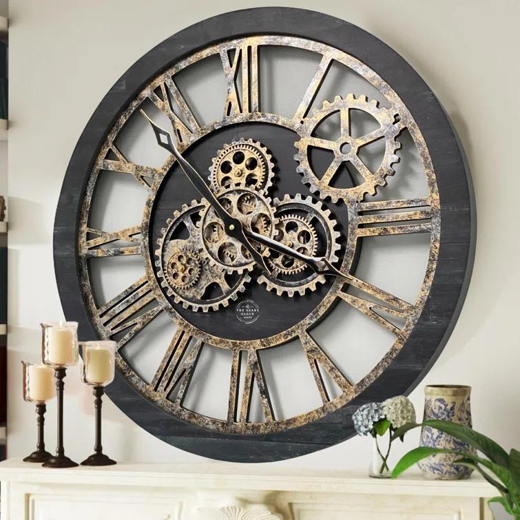 The Gears Clock Wall Clock 24" Round Oversized for Living Room decor with Real Moving Gears America Collection