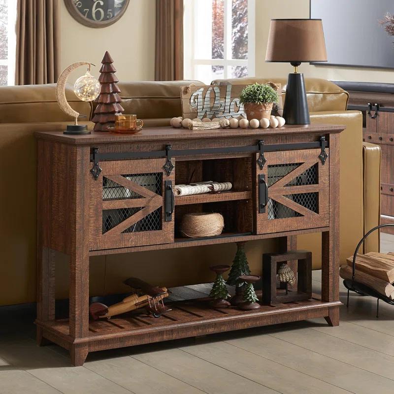 Rosalind Wheeler Entryway Table w/Sliding Barn Doors, 46'' Farmhouse & Industrial Console Table with Storage, Rustic Sofa Table w/Adjustable Shelf & Open Shelf for Entryway, Hallway, Livingroom, Reclaimed Barnwood