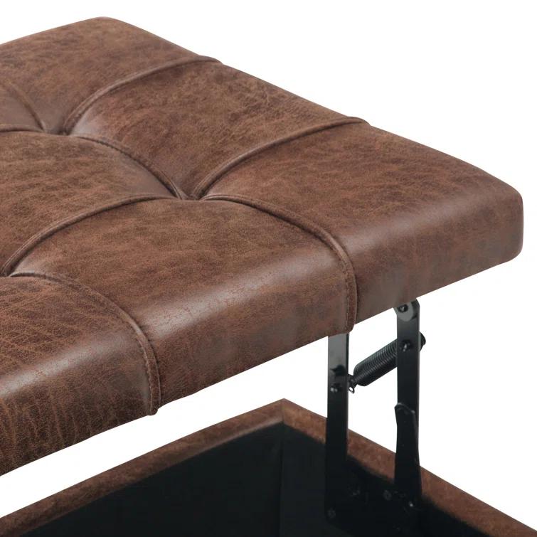 Simpli Home Harrison 36"W Upholstered Square Coffee Table Storage Ottoman with Split Lift Top