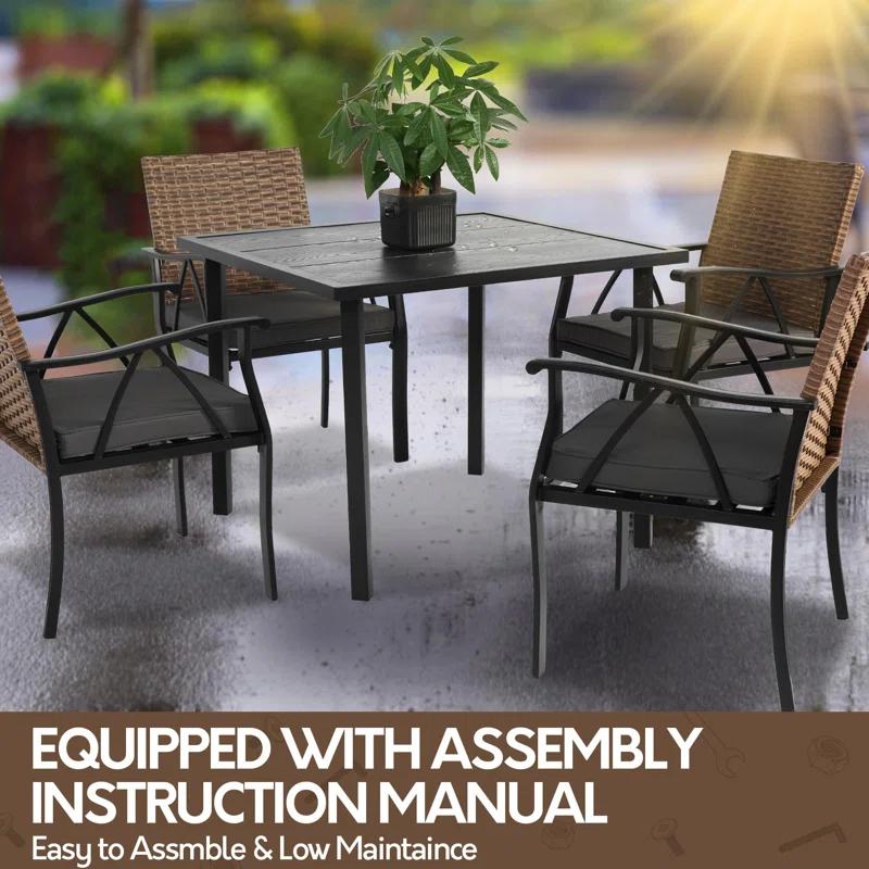 howcoolmall 5 Piece Patio Dining Set for 4, 4 Chairs with Cushions and 1 Square Table with 1.75” Umbrella Hole Outdoor Furniture Set, Black and Brown