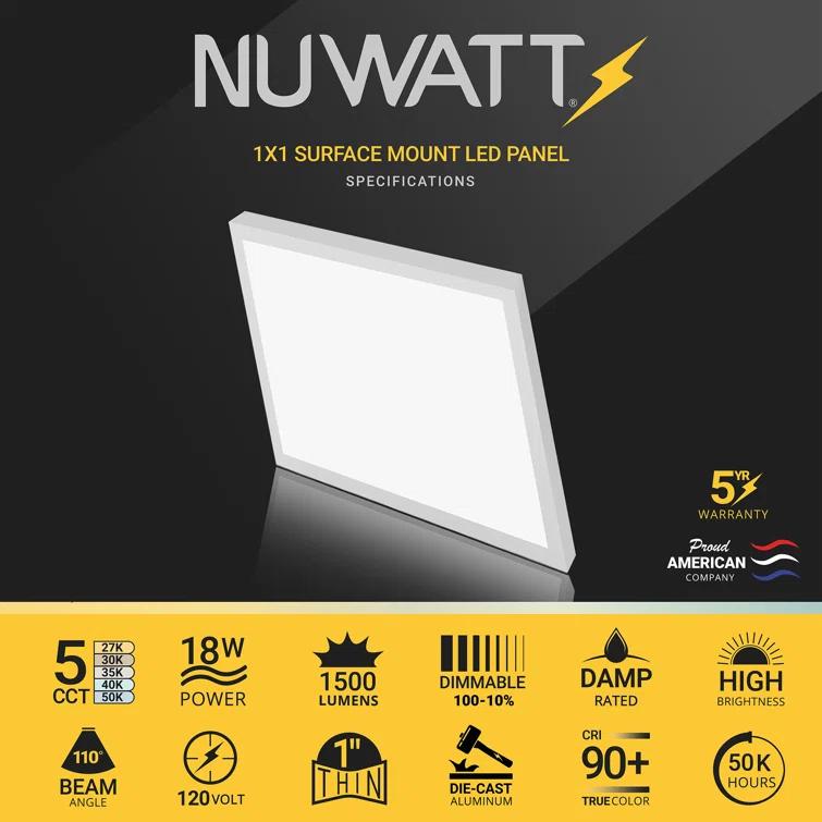 NUWATT NUWATT 4 Pack, 1x1 Flat Panel LED Square Light, 5CCT 2700K/3000K/3500K/4000K/5000K Selectable, 1500LM 18W, Internal Driver, Dimmable, 120V, CRI90, 12" Inch Square Surface Mount Ceiling Light, 1" Thick (Set of 4)