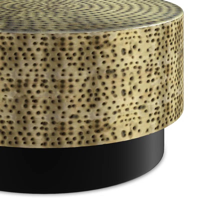 Simpli Home Montrose 30"W Antique Gold and Black Metal Modern Industrial Round Coffee Table with Hammered Texture, Fully Assembled