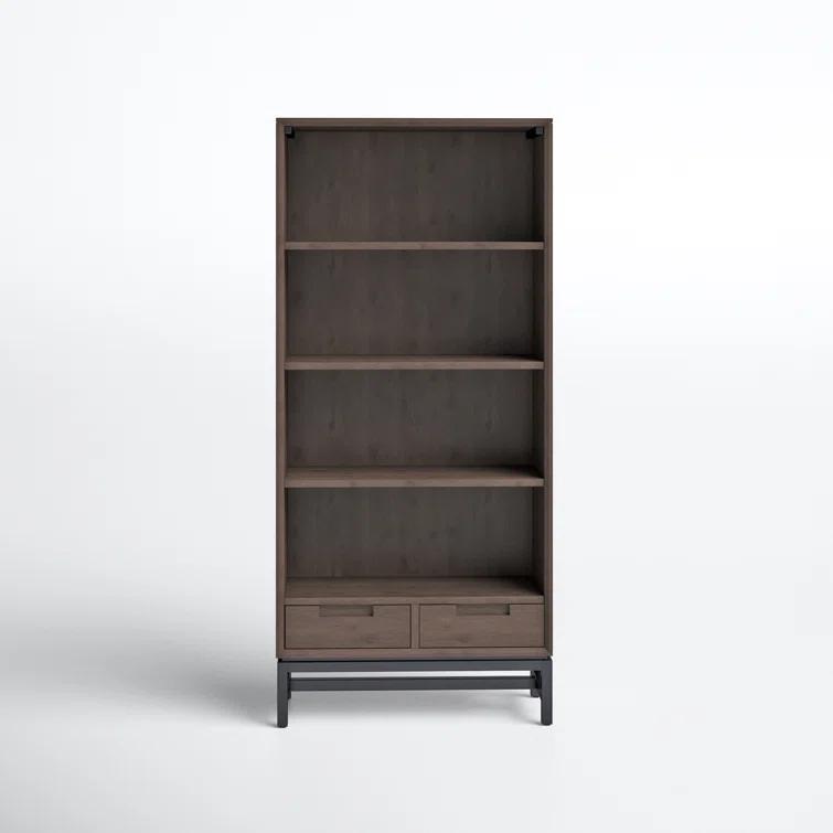 Banting 30"W Solid Wood 4 Shelf Industrial Bookcase with 2 Drawers, Adjustable Shelves, and Metal Base