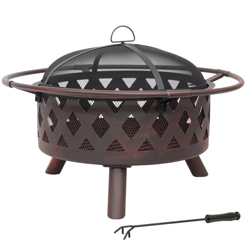 Alcott Hill® Mast Round Wood-Burning Bronze Finish Crossweave Fire Pit with Screen and Poker