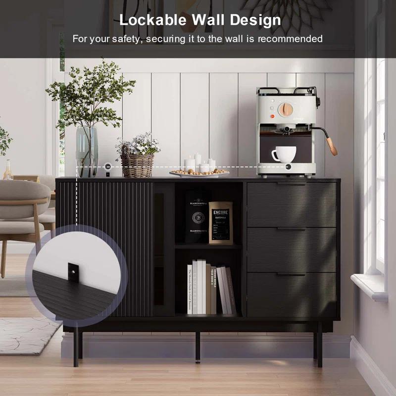 Ebern Designs Ebern Designs Sideboard Anetha, 47" X 31.5" Buffet Anetha With Storage, Black Sideboard With 2 Sliding Doors & 3 Drawers, Wood Coffee Bar Entryway Storage For Living Room
