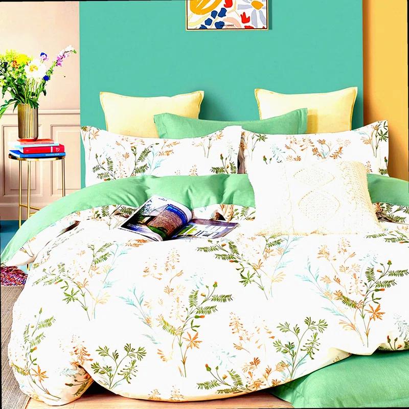 Red Barrel Studio® Botanical Bliss Cotton Comforter Set - Green & Tan Gray Leaves, Reversible Floral Bedding, Lightweight 3pcs Bed Set, Natural Comfort, Queen Size