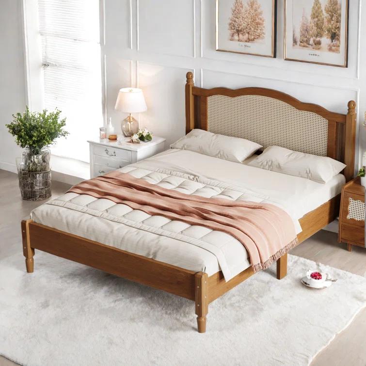 Velvetvanguards Bohemian Wooden Platform Bed With Natural Rattan Headboard And Arc Design