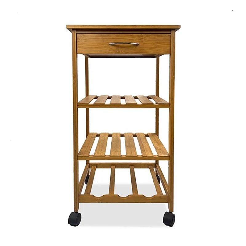 Benjara Harry Kitchen Bar Cart, 1 Drawer, 3 Shelves, Brown Bamboo, Rolling Wheels