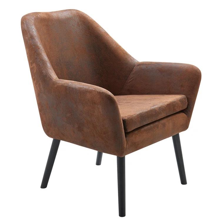 Ebern Designs Ringwold Mid-Century Modern Accent Armchair with Aged Fabric Upholstery, Solid Wood Legs
