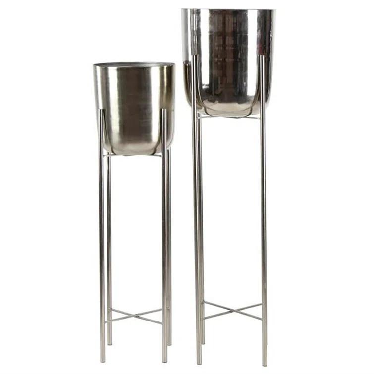 CosmoLiving by Cosmopolitan 2 - Piece Silver Metal Tall Indoor Outdoor Dome Indoor Outdoor Planter with Removable Stand Set
