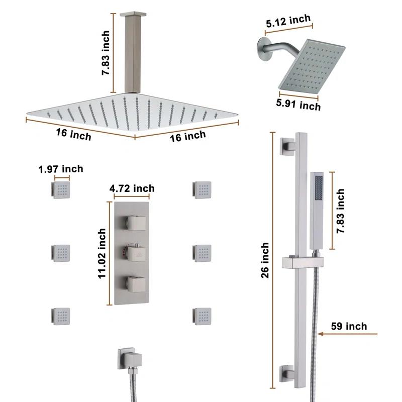 Rainfall Symphony 16inch Dual Shower Head Rainfall Thermostatic Shower System with 16-inch Slide Bar and Body spray