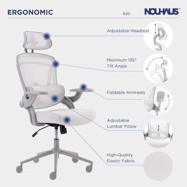 Nouhaus Inc Nouhaus Ergonomic Office Chair High Back Adjustable Lumbar Support Headrest and Armrest, Comfy Desk Chairs Swivel Computer Gaming Chair Tilt Function