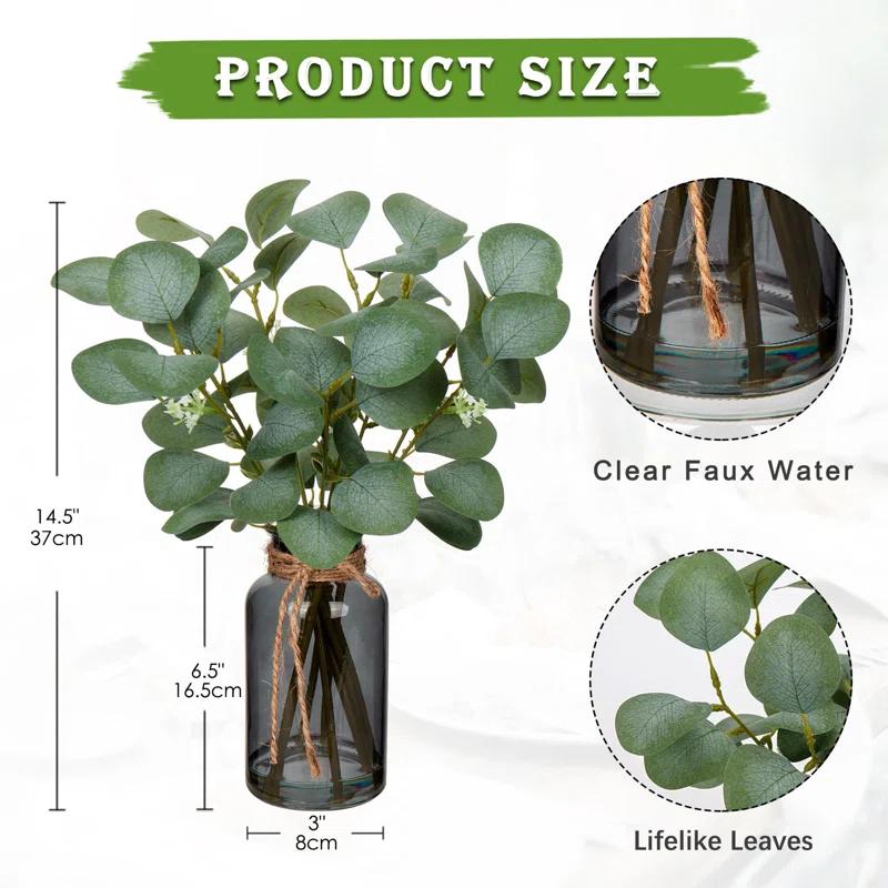 Ophelia & Co. Artificial Eucalyptus Stems In Black Glass Vase With Faux Water, 14" Fake Plant Eucalyptus Leaves For Home Office Farmhouse Wedding Centerpiece Décor