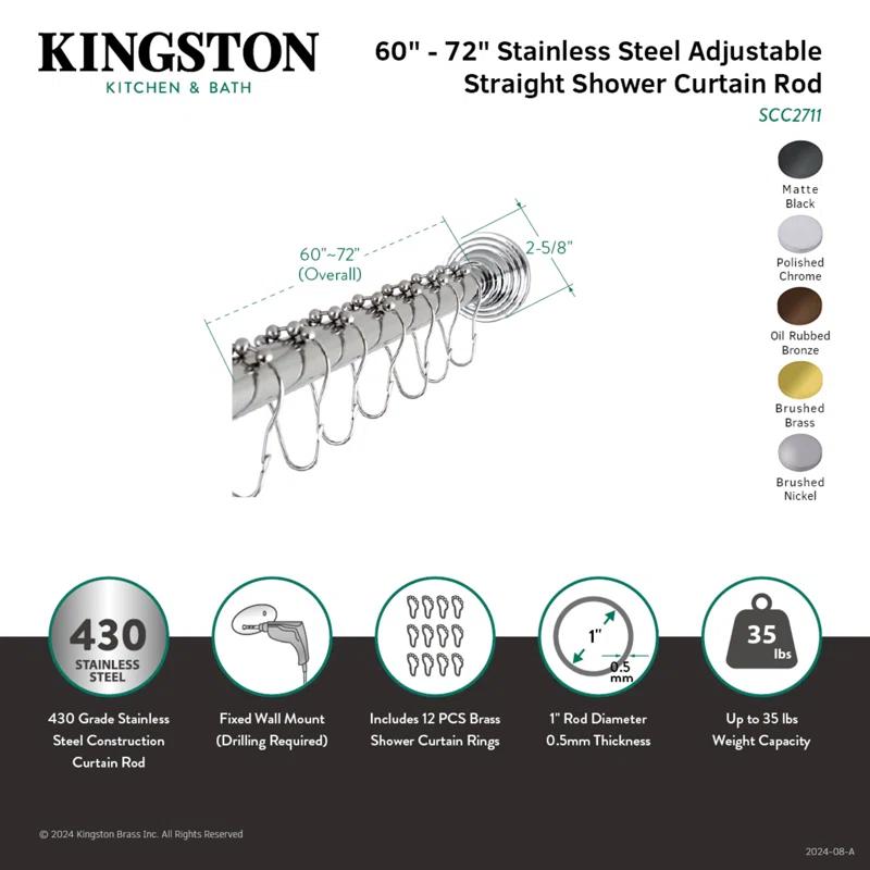 Kingston Brass Edenscape 60-Inch to 72-Inch Adjustable Shower Curtain Rod with Rings
