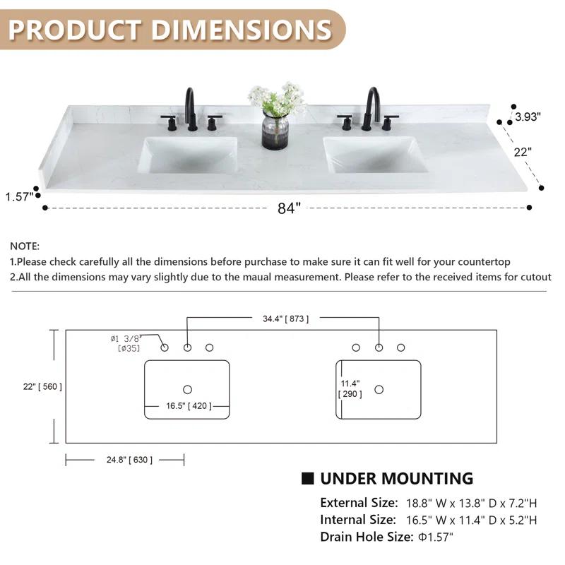 Altair Ceres 84"  Engineered Stone Double Bathroom Vanity Top with Sink