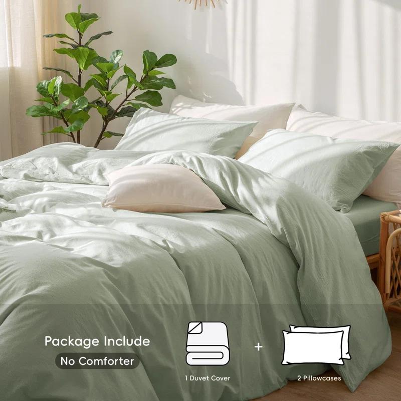 MOOMEE 100% Washed Cotton Linen Like Textured Duvet Cover Set