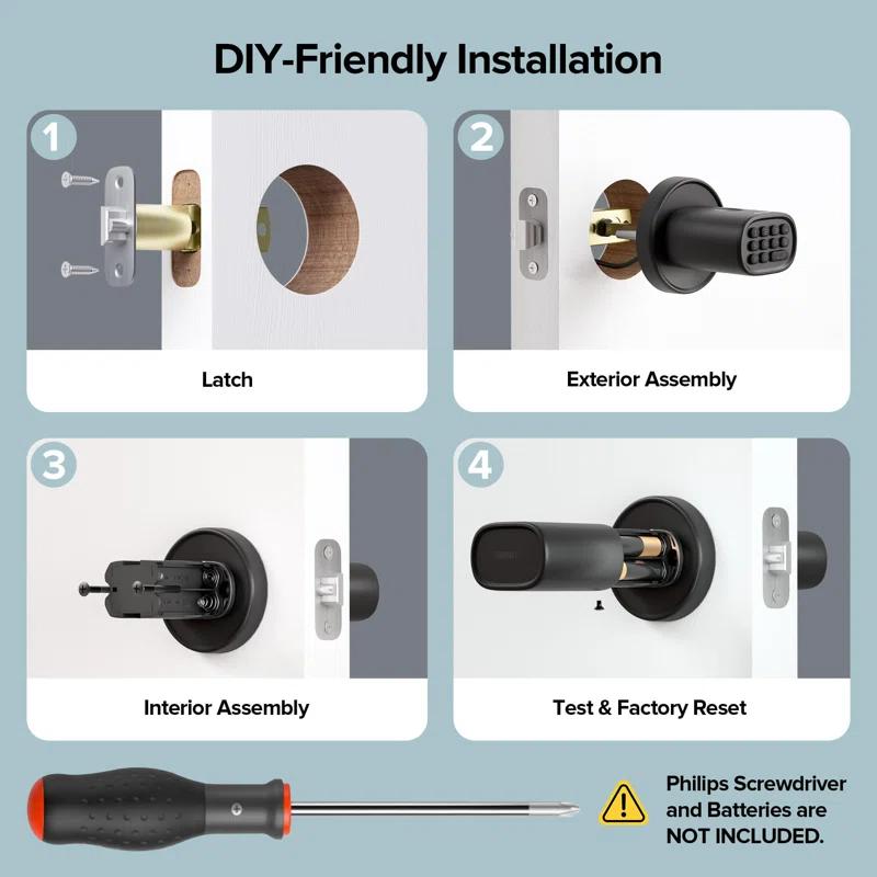 Keyless Entry Door Lock, Fingerprint Door Lock With Keypad Biometric Door Handle, Automatic Locking, For Interior Doors Up To 2-1/4" Thick, Bedroom, Home Office, Garage, 4 AA Alkaline Batteries, MD1 Black
