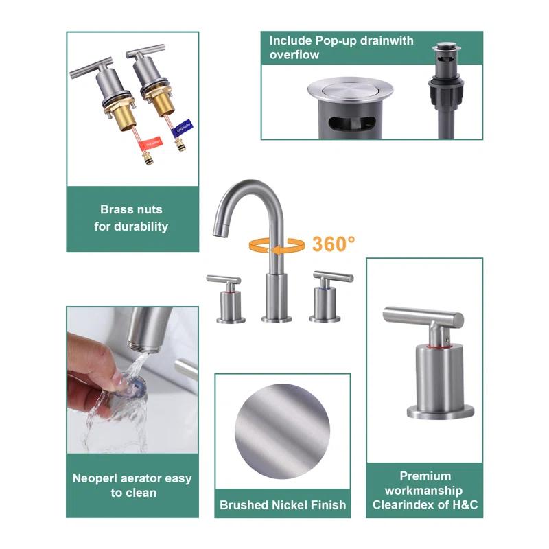 WOWOW 2325200 Widespread Bathroom Faucet 2-handle Bathroom Sink Faucet with Drain Assembly