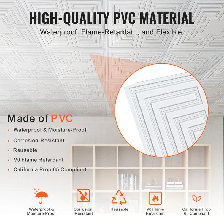 VEVOR Ceiling Tiles 12-Pack 24 x 24 in PVC Easy Installation White Echo Pattern (Set of 12)