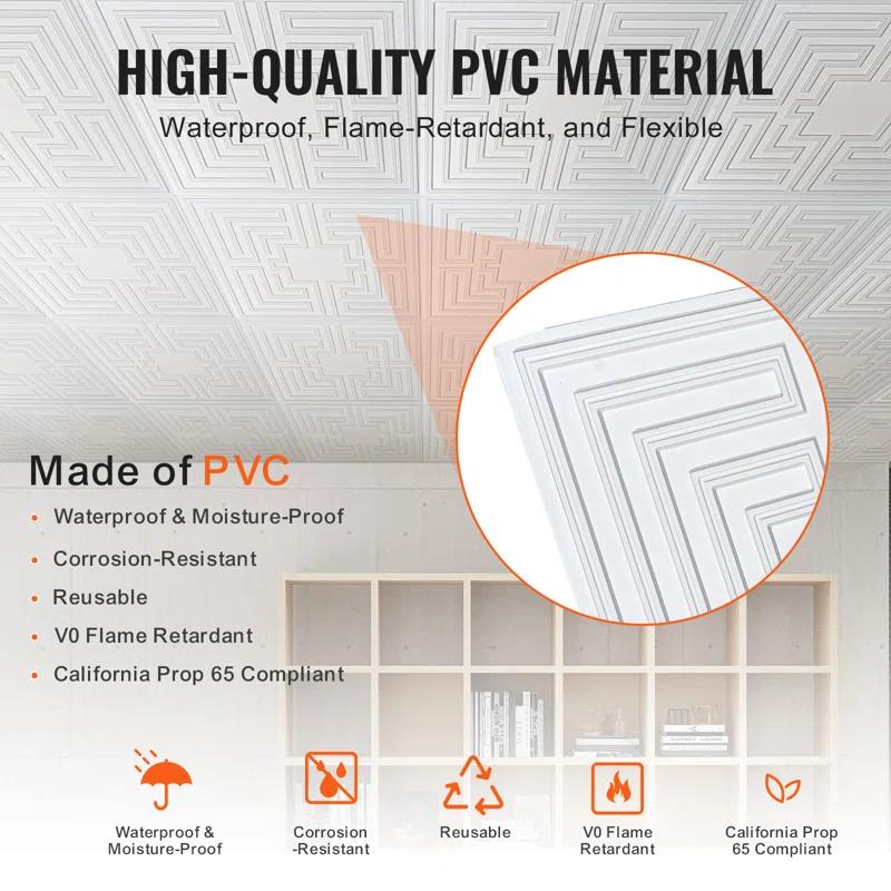 VEVOR Ceiling Tiles 12-Pack 24 x 24 in PVC Easy Installation White Echo Pattern (Set of 12)