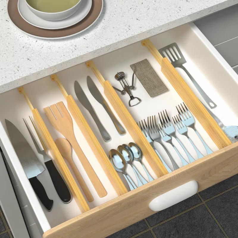 SpaceAid Adjustable Bamboo Drawer Dividers with Labels – Expandable Organizers for Kitchen, Office, Dresser, and Bathroom