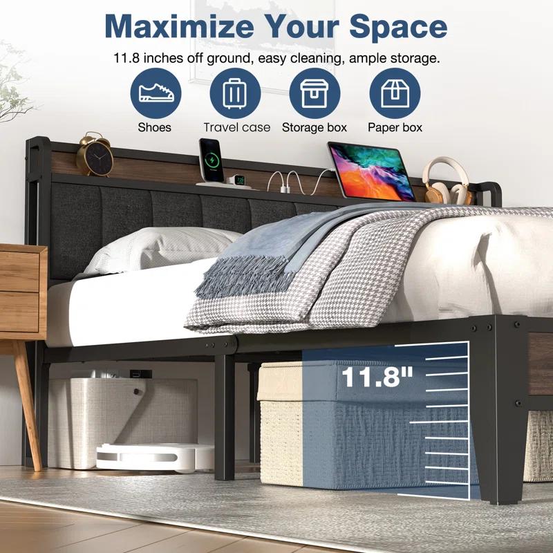 Ebern Designs Upholstered Bed Frame with Charging Station and Storage Headboard