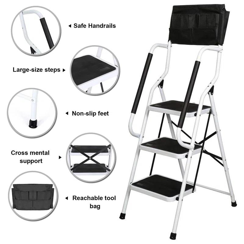 WFX Utility™ 3-Step Ladder With Handrails - 500 Lb Capacity Folding Stepladder With Wide Non-Slip Pedals, Safety Rails, And Tool Bag