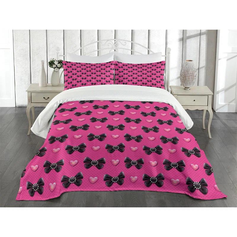 Ambesonne Ambesonne Pearls Bedspread Set Bow Ties with Hearts Pink Black
