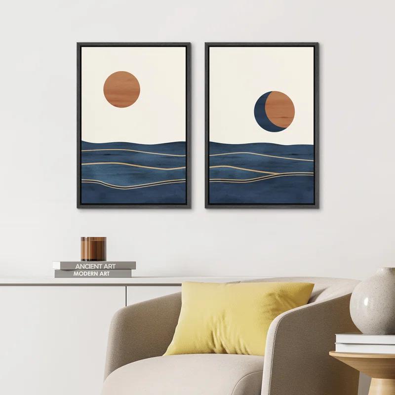 Sun And Moon " Abstract Sun Over Blue Watercolor Ocean Waves Modern Minimalist Landscape " 2 - Pieces