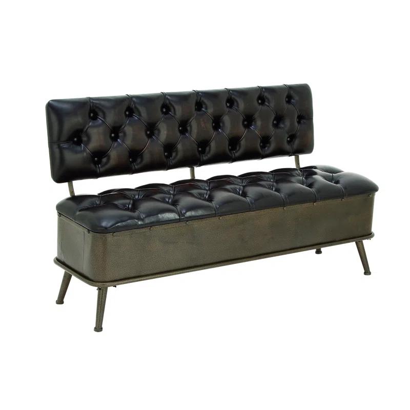 Williston Forge Black Metal Room Storage Bench with Tufted Faux Leather, 54" x 19" x 31"