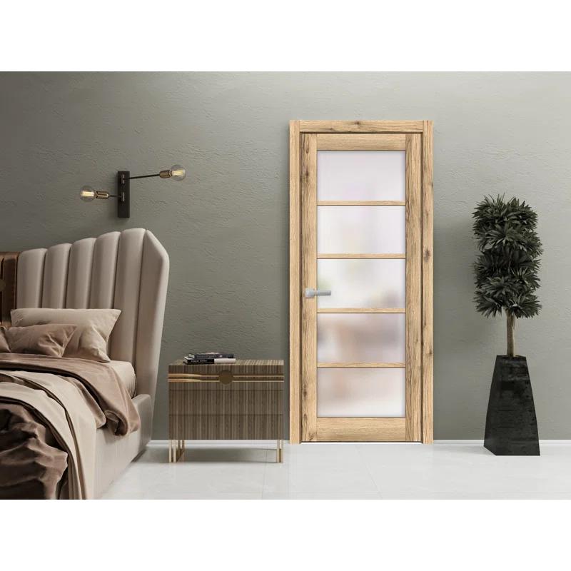SARTODOORS Solid French Pre-Hung Door Frosted Glass | Quadro 4002 | Single Regular Panel Frame Trims Handle | Bathroom Bedroom Sturdy Doors