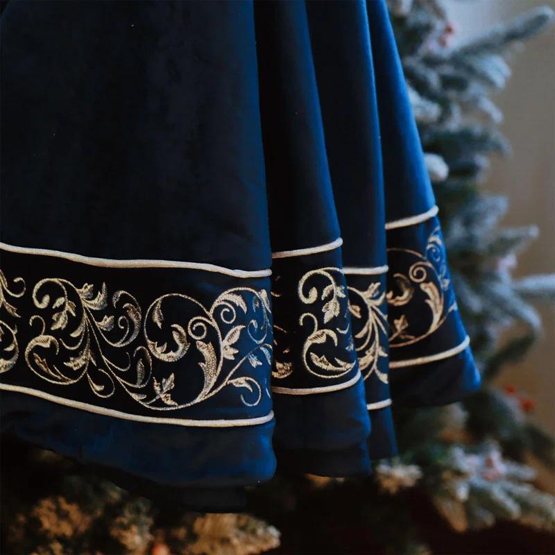 SHIRLEY'S OFFICE FURNITURE, LLC Christmas Tree Skirt 60 Inch, Blue Luxury Extra Large Skirts With Silver Embroidered Vintage Pattern, Classic Retro Christmas Tree Decorations Gifts
